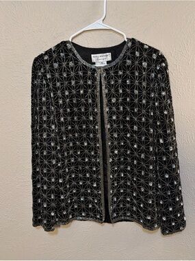 Papell Boutique Black Beaded Open-Front Evening Jacket